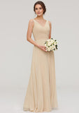 A-line/Princess V Neck Sleeveless Long/Floor-Length Chiffon Bridesmaid Dress With Pleated