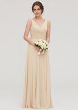 A-line/Princess V Neck Sleeveless Long/Floor-Length Chiffon Bridesmaid Dress With Pleated