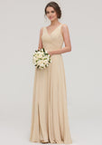 A-line/Princess V Neck Sleeveless Long/Floor-Length Chiffon Bridesmaid Dress With Pleated