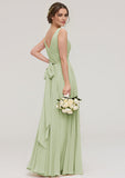 A-line/Princess V Neck Sleeveless Long/Floor-Length Chiffon Bridesmaid Dress With Pleated