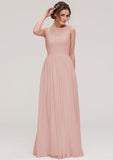 A-line/Princess Bateau Sleeveless Long/Floor-Length Chiffon Bridesmaid Dress With Pleated Lace