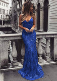 Mermaid V Neck Sleeveless Sweep Train Tulle Evening Dress With Beading Appliqued