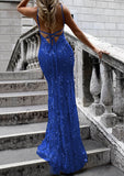 Mermaid V Neck Sleeveless Sweep Train Tulle Evening Dress With Beading Appliqued