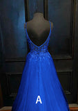 A-line V Neck Spaghetti Straps Sweep Train Tulle Prom Dress With Appliqued