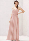 A-line V Neck Sleeveless Long/Floor-Length Chiffon Bridesmaid Dress With Pleated