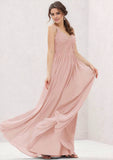 A-line V Neck Sleeveless Long/Floor-Length Chiffon Bridesmaid Dress With Pleated