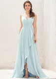 A-line V-Neck Sleeveless Asymmetrical Chiffon Bridesmaid Dress With Cascading Ruffles Pleated