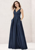 A-line V Neck Sleeveless Long/Floor-Length Satin Bridesmaid Dress With Pleated Pockets