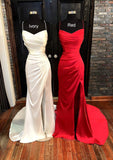 Sheath/Column V Neck Spaghetti Straps Sweep Train Satin Prom Dress With Pleated Split