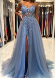 A-line V Neck Spaghetti Straps Sweep Train Tulle Prom Dress With Beading Sequins Split