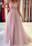 A-line V Neck Spaghetti Straps Sweep Train Tulle Prom Dress With Beading Sequins Split