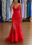 A-line V Neck Sleeveless Sweep Train Tulle Prom Dress with Sequins Split