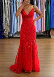 A-line V Neck Sleeveless Sweep Train Tulle Prom Dress with Sequins Split