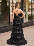 One Shoulder Tulle Sequin A-Line Gown with High Slit