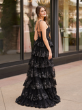 One Shoulder Tulle Sequin A-Line Gown with High Slit