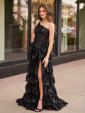 One Shoulder Tulle Sequin A-Line Gown with High Slit