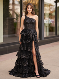 One Shoulder Tulle Sequin A-Line Gown with High Slit