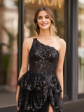 One Shoulder Tulle Sequin A-Line Gown with High Slit