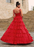 A-line Sweetheart Floor-Length Chiffon Prom Dresses With 3D Floral Cascading Ruffles