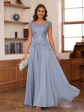 A-Line/Princess Scoop Short Sleeves Chiffon Mother of the Bride Dresses with Applique