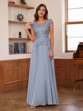 A-Line/Princess Scoop Short Sleeves Chiffon Mother of the Bride Dresses with Applique