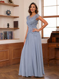 A-Line/Princess Scoop Short Sleeves Chiffon Mother of the Bride Dresses with Applique