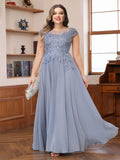 A-Line/Princess Scoop Short Sleeves Chiffon Mother of the Bride Dresses with Applique