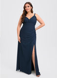 Plus Size Trumpet/Mermaid Halter Off the Shoulder One Shoulder V-Neck Floor-Length Chiffon Bridesmaid Dress With Ruffle