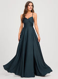 A-line V-Neck Floor-Length Matte Satin Prom Dresses With Pleated