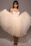 Strapless A-Line Vintage Cream Tulle Midi Party Dress