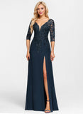 Sheath/Column V-Neck Floor-Length Lace Chiffon Mother of the Bride Dress With Sequins