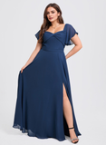 Plus Size A-line V-Neck Floor-Length Chiffon Bridesmaid Dress With Ruffle