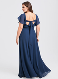 Plus Size A-line V-Neck Floor-Length Chiffon Bridesmaid Dress With Ruffle