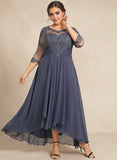 Plus Size A-line Scoop Illusion Asymmetrical Lace Chiffon Mother of the Bride Dress With Cascading Ruffles