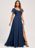 A-line V-Neck Floor-Length Chiffon Bridesmaid Dress With Ruffle