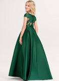 Ball-Gown/Princess Scoop Floor-Length Satin Lace Junior Bridesmaid Dress With Bow