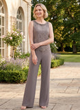 3-Piece Beaded Scoop Neck Scallop Lace Hem Sleeveless Top, 3/4 Sleeve Asymmetric Chiffon Jacket & Wide-Leg Pants Mother of the Bride Pantsuit
