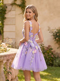Sweetheart 3D Floral Applique Ruched Corset Bodice A-Line Tulle Mini Dress