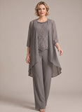 3-Piece Beaded Scoop Neck Scallop Lace Hem Sleeveless Top, 3/4 Sleeve Asymmetric Chiffon Jacket & Wide-Leg Pants Mother of the Bride Pantsuit