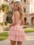 Square Neck Pearl Strap Corset Chiffon Homecoming Dress with Tiered Ruffle Dress & Pockets