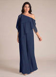 One Shoulder Draped Cape Chiffon Wide-Leg Jumpsuit for Mother of the Bride