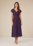 V-Neck Flutter Sleeve Ruched Waist Chiffon Tea Length Mother of the Bride Dress
