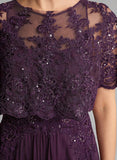 Illusion Scoop Neck Sequin Lace Cape Sleeve Ruched Waist Chiffon A-Line Mother of the Bride Dress