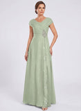V-Neck Cap Sleeve Beaded Brooch Diagonal Ruched Sequin Panel A-Line Chiffon Mother of the Bride Dress