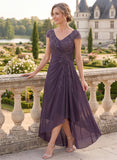 V-Neck Cap Sleeve Sequin Lace Applique Ruched Hi-Low Chiffon Mother of the Bride Dress