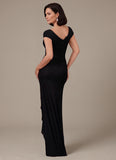 V-Neck Cap Sleeve Ruched Jersey Mother of the Bride Dress with Cascade Ruffle & Side Slit