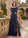 Cowl Neck Cap Sleeve Floral Jacquard A-Line Mother of the Bride Dress with Brooch & Side Slit