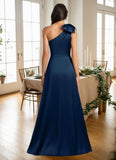 A-Line One Shoulder Stretch Satin Formal Dress with Bow