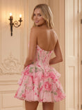 Strapless Sweetheart Lace Trim Floral Print Boned Corset Tiered Ruffle Homecoming Dress