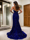 Trumpet/Mermaid Sweetheart Sweep Train Velvet Sequins Evening Dresses With Ruffles